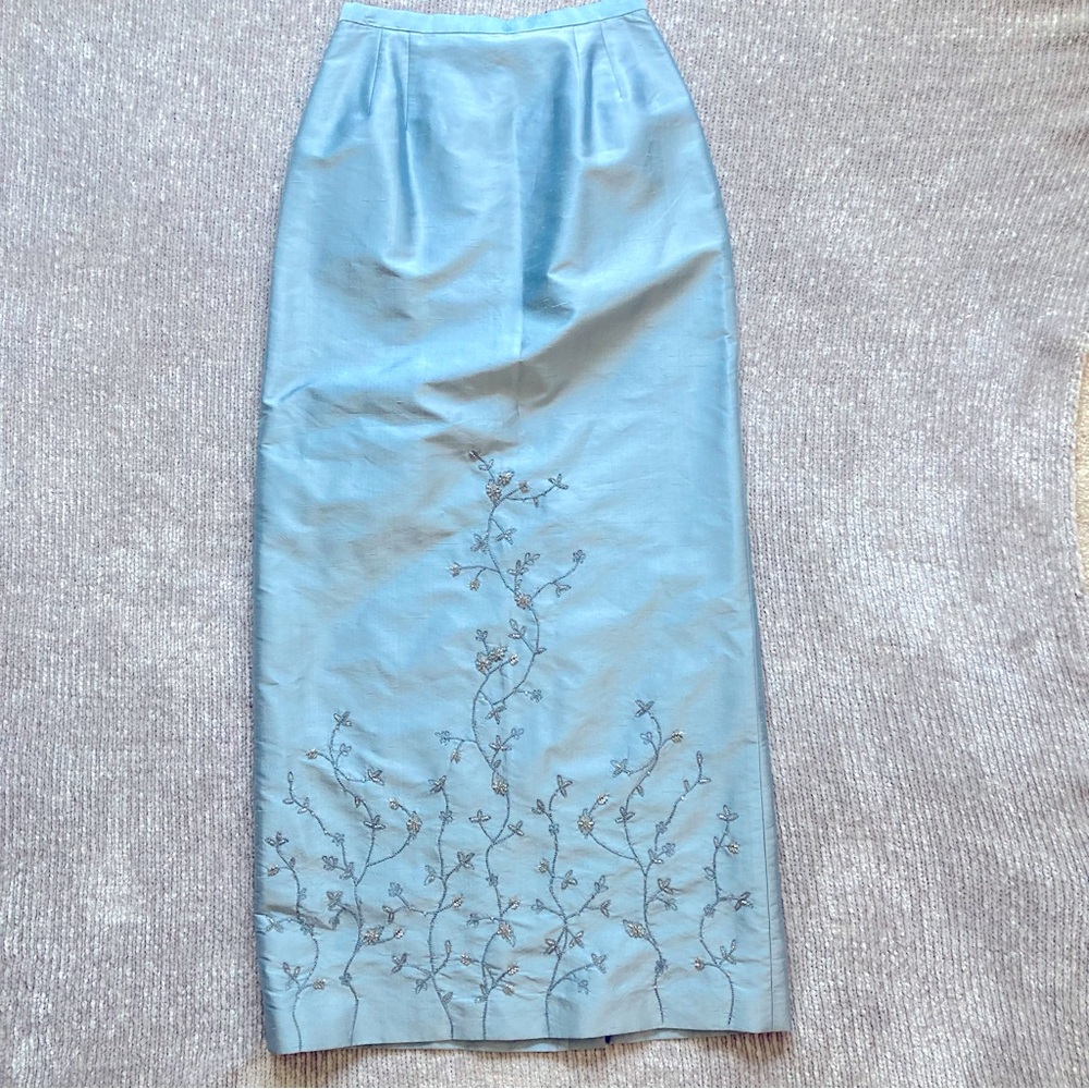 Rickie Freeman for Teri Jon Light Blue Embroidered Maxi Skirt